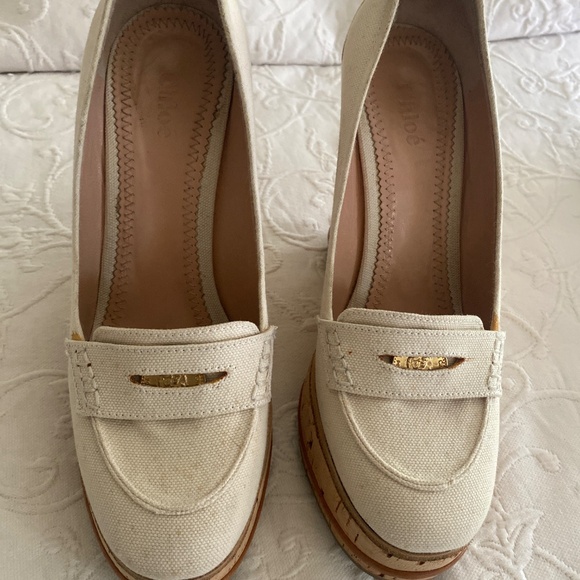Chloe Beige cork platform wedge penny loafers 37 - Picture 2 of 6
